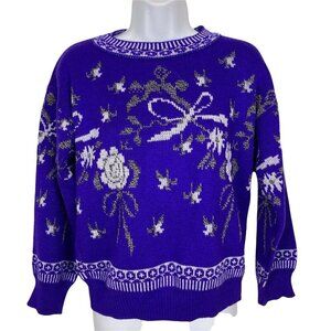 Vintage Billie Jo Purple Sweater Womens M L Roses Bows Fair Isle